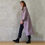 Thumbnail: the long frink in red, ecru and navy wool boucle