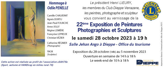 Carton d'invitation au vernissage de l'exposition du Lions club à Dieppe, le 28 octobre 2023 a 19h , salle Ango à Dieppe