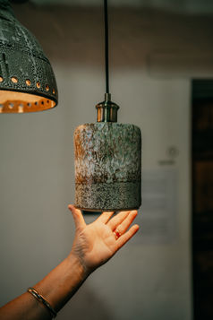 Ceramic Cylinder Pendant light with coastal glaze