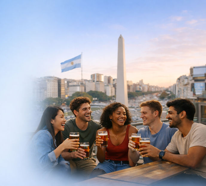 International university students socializing at a bar in Buenos Aires, enjoying drinks and student life