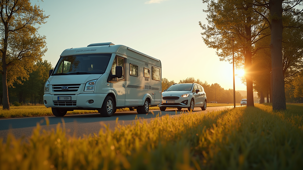 Eye-level view van een caravan gekoppeld aan een auto op een campingterrein