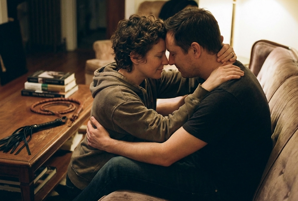 A couple sits closely on a couch, foreheads touching. Books and a whip are on a wooden table nearby. Warm, intimate setting.