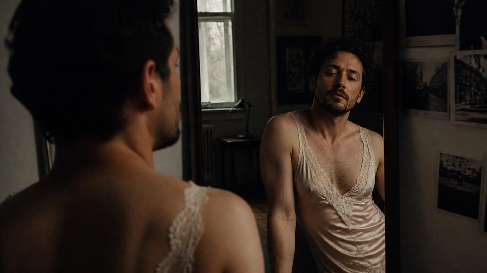 Man in a lace-trimmed satin slip gazes into a mirror in a dimly lit room with framed photos on walls, conveying introspection.