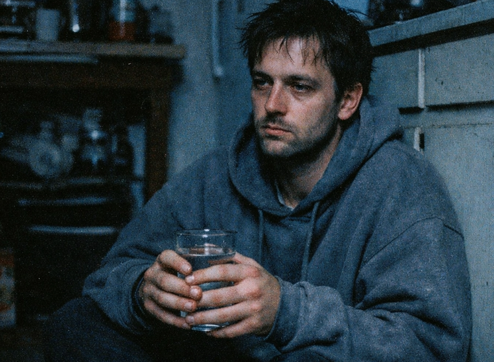A tired man in a gray hoodie sits on a kitchen floor, holding a glass of water. The setting is dimly lit, creating a somber mood.