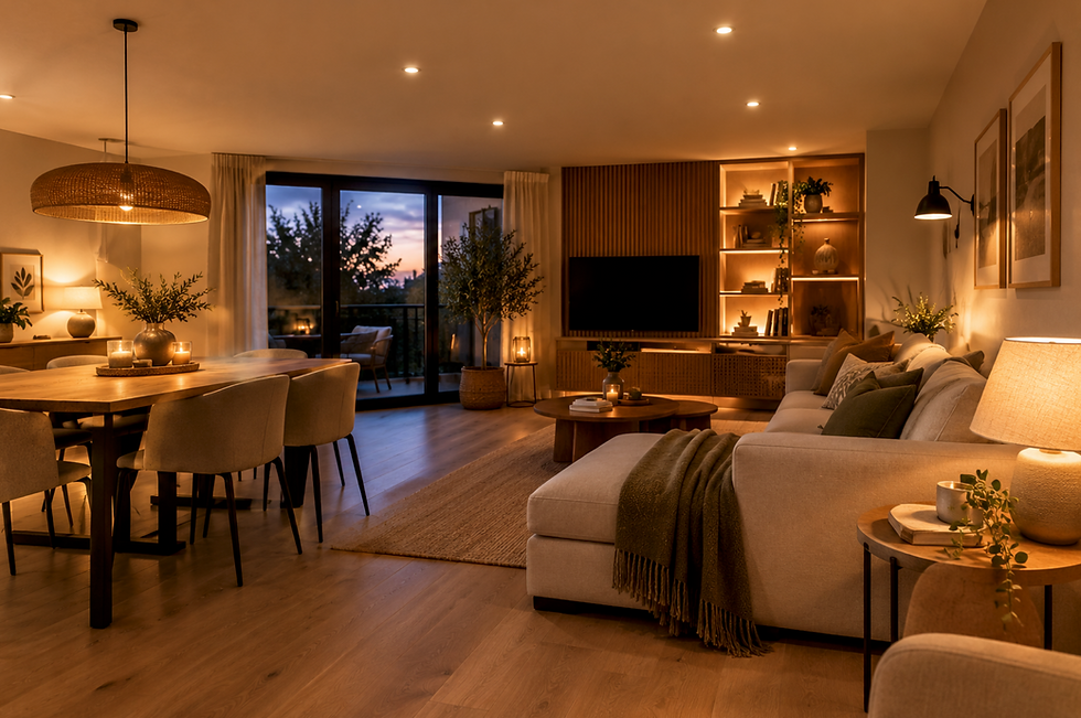 Séjour éclairé selon la méthode des trois couches par une architecte d'intérieur