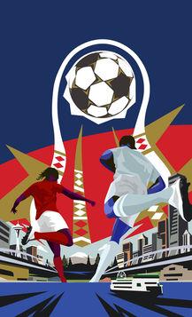 Juneteenth Match artwork design featuring Seattle skyline and futbol players by Damon Brown aka CreativeLou