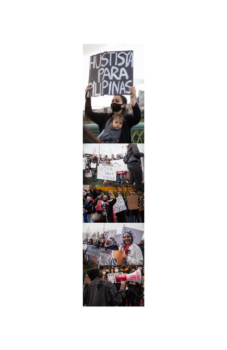 film strip photo with images of women and young girls rallying