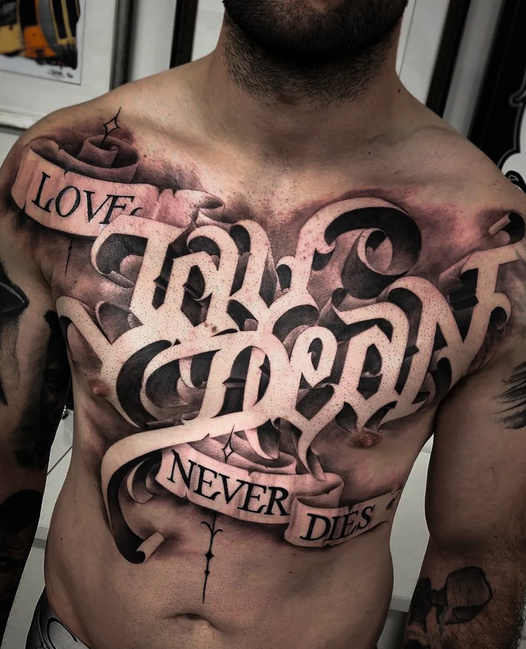 Custom black and grey lettering tattoo reading "You Can Never Find" on a client's chest, by guest artist Mystik. Seoul Ink Tattoo Gangnam, Seoul South Korea
