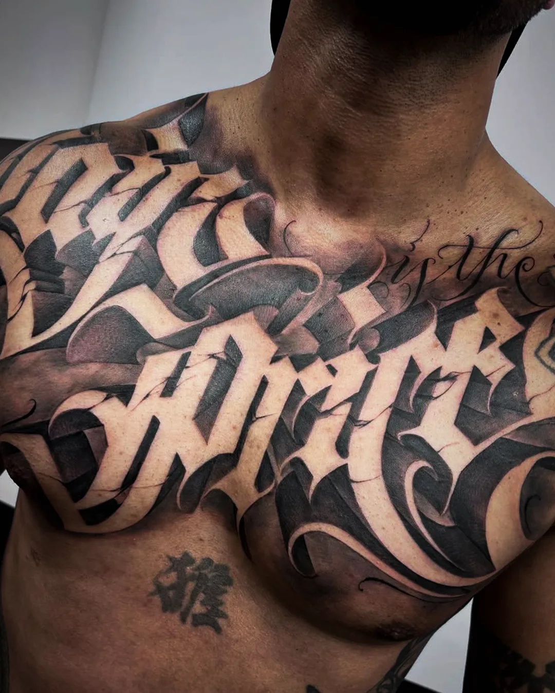 Full chest custom lettering tattoo done by guest artist Mystik. Seoul Ink Tattoo Gangnam, Seoul South Korea