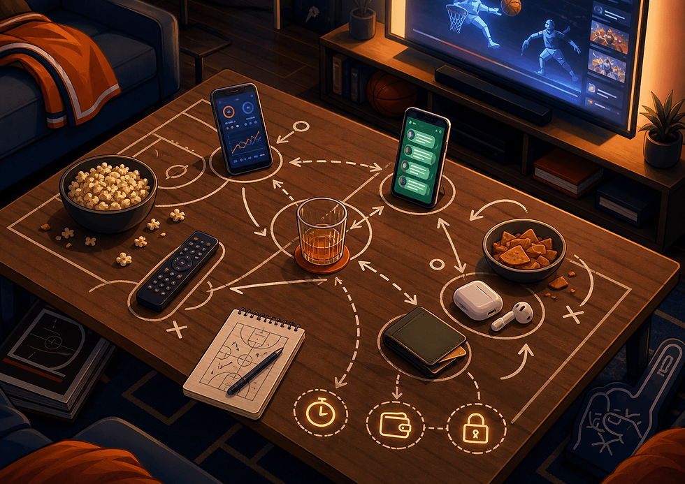Second-screen game night setup showing basketball apps Philippines habits like score updates, group chats, highlights, privacy controls, and responsible entertainment awareness with JLMMM context