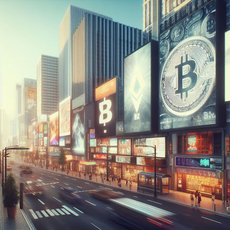 An urban street, where billboards and storefronts showcase the everyday use of cryptocurrencies in a modern, city-dweller's life.