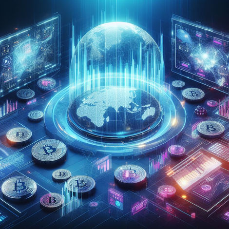 A futuristic marketplace where cryptocurrency coins and tokens are traded as futuristic, floating assets in a virtual trading pit surrounded by holographic charts