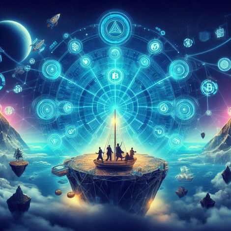Concept of a 'Crypto Odyssey' - an epic journey through the blockchain, with each step revealing new technological wonders.