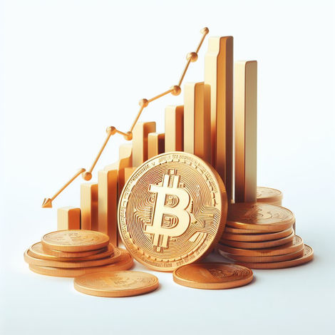 Image containing Bitcoin Logo with upward trend graph, white background 