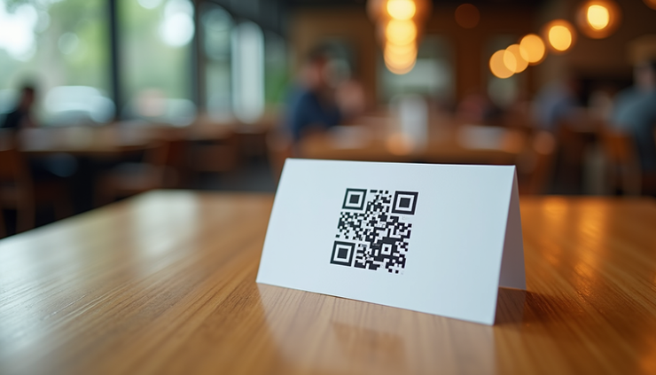 Imagem de um QR code impresso em um cartão próximo a uma mesa de restaurante