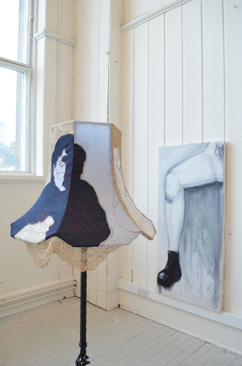 Maria from 'Stitches' Tailors on Brunsfield Place
Found Fabric Reworked Lampshade
171 x 58 cm
Exhibited with paintings by Daisy Arkwright