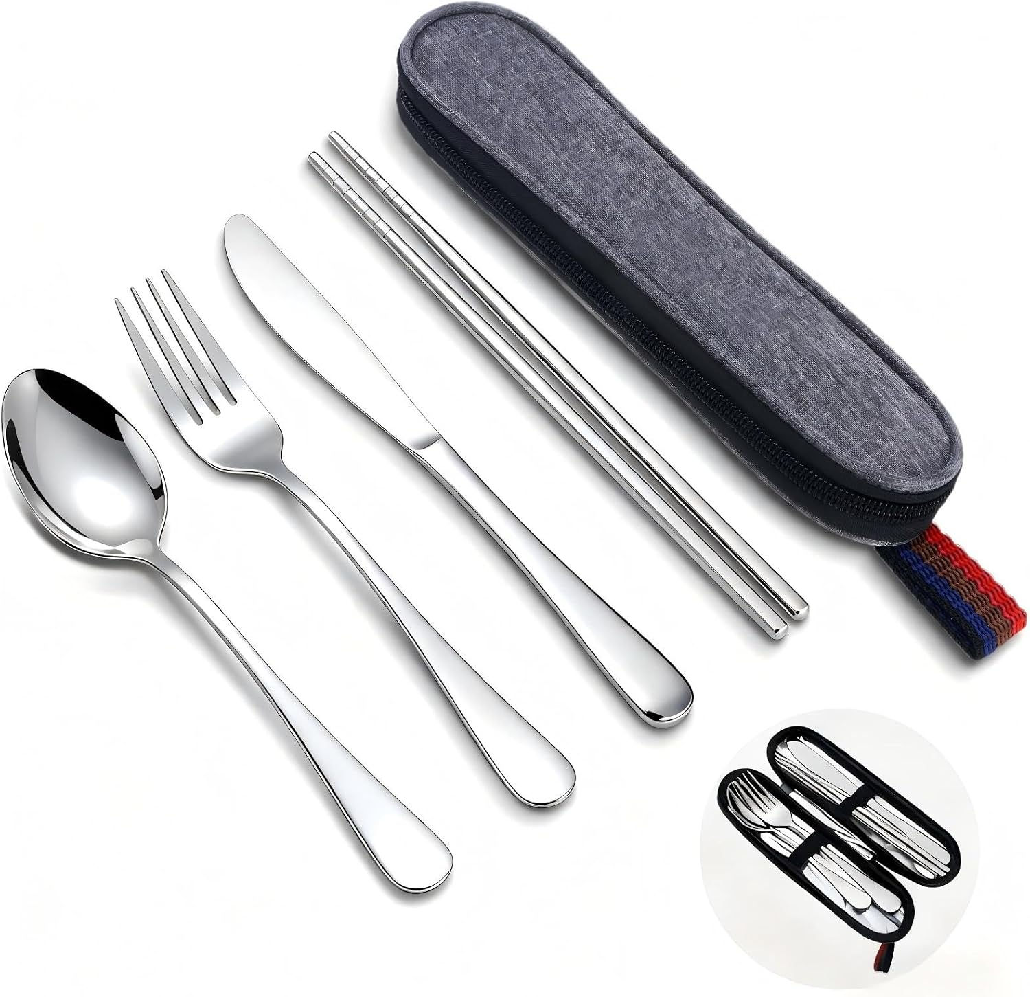 5 Piece Travel Utensils Set With Case, Stainless Steel, Black | Reusable Flatwa