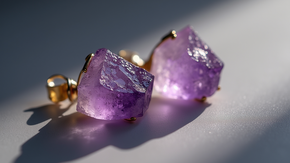 Close-up view of a pair of raw crystal earrings featuring amethyst and quartz