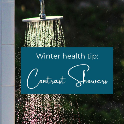 Shower head spraying water with title Winter Health Tip Contrast Showers