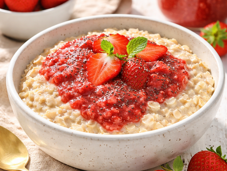 oatmeal with strawberry chia sauce on top