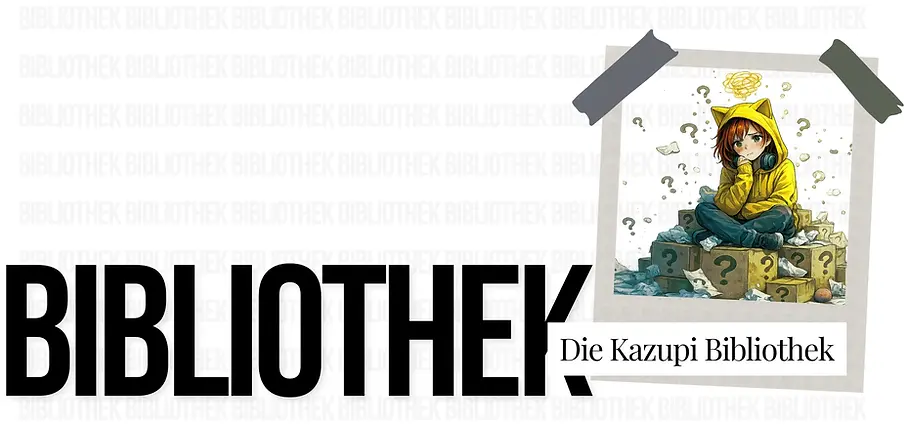 Kazupi sitzt auf Fragezeichen-Kisten – Header der Kazupi Bibliothek mit PDF-Heften und Materialien
