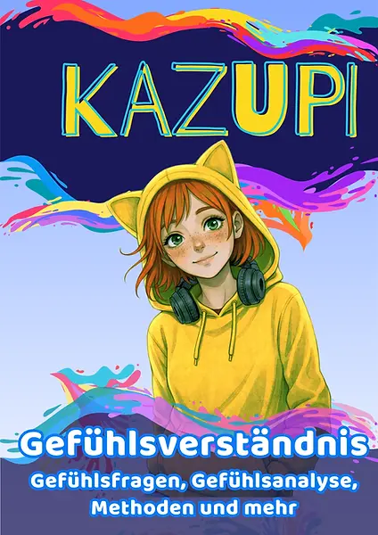Kazupi mit Kopfhörern im gelben Hoodie schaut nachdenklich zur Seite – Cover des Hefts „Gefühlskompass: Ordnung im Gefühlschaos“