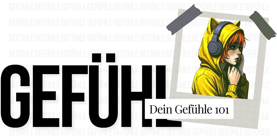 Kazupi-Illustration zum Thema Gefühle – Kazupi im gelben Hoodie mit Katzenohren denkt nach