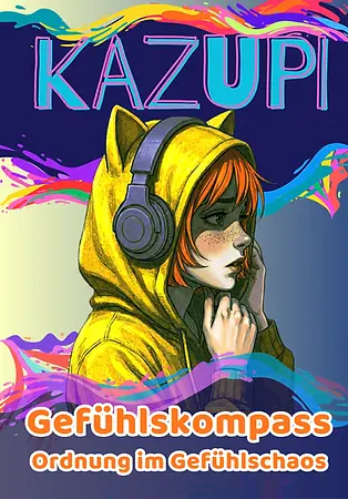 Kazupi mit Kopfhörern im gelben Hoodie schaut nachdenklich zur Seite – Cover des Hefts „Gefühlskompass: Ordnung im Gefühlschaos“