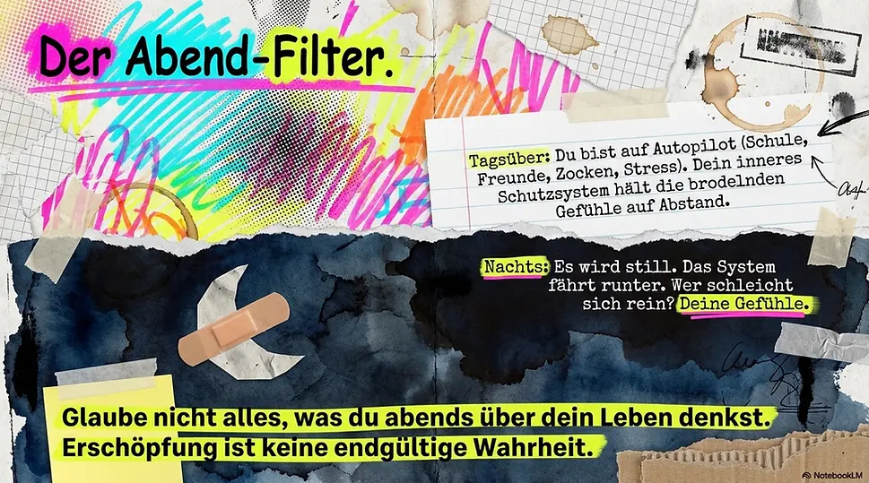 Kazupi-Illustration zum Abend-Filter – nachts wirken Gedanken und Gefühle oft stärker als am Tag