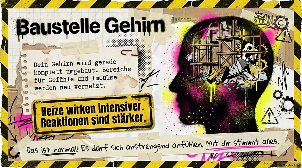 Kazupi-Illustration zum Teenager-Gehirn – das Gehirn wird umgebaut und Gefühle wirken intensiver