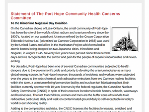 Statement of The Port Hope Community Health Concerns Committee to the Hiroshima Nagasaki Day Coalition