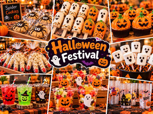 Gợi ý các món đồ ăn, đồ uống Halloween dễ chuẩn bị cho gian hàng Halloween Festival tại Trung tâm Anh ngữ, gồm bánh quy hình nhện, bắp rang bàn tay phù thủy, cupcake bí ngô, kẹo dẻo hình ma, chuối que Halloween, ly trái cây và đồ uống trang trí theo chủ đề.
