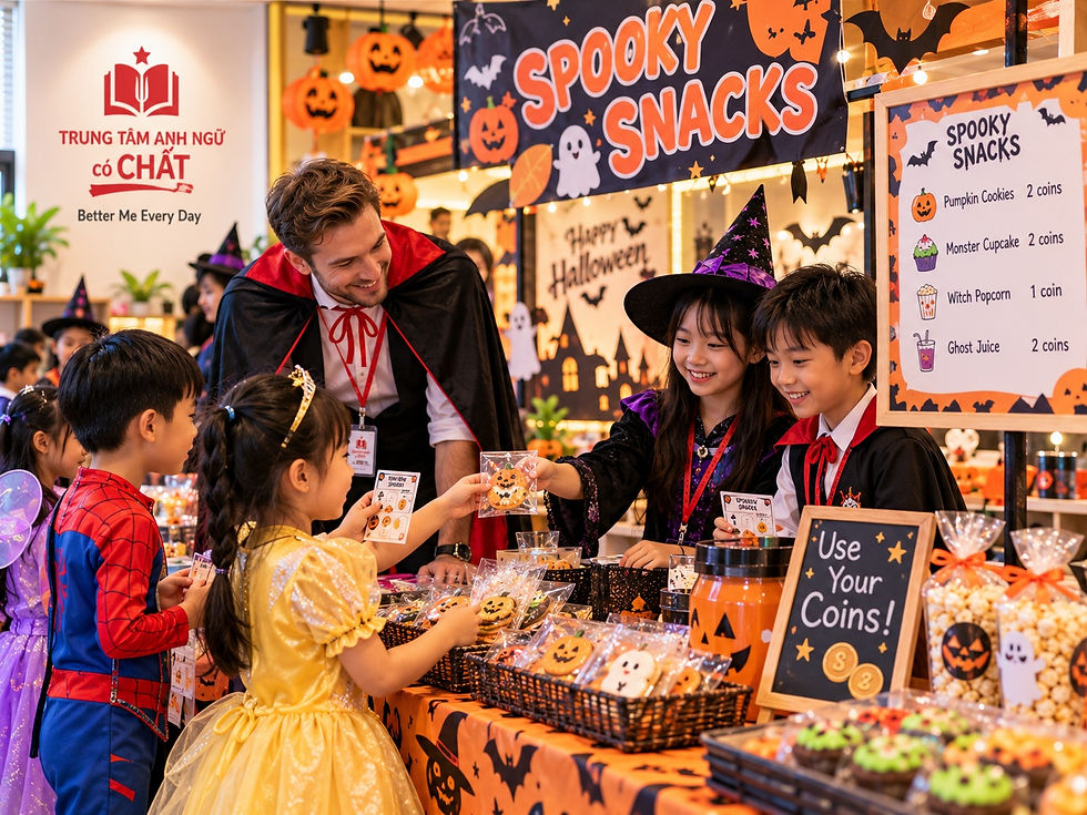 Gian hàng bán đồ ăn và đồ uống trong lễ hội Halloween của TRUNG TÂM ANH NGỮ có CHẤT