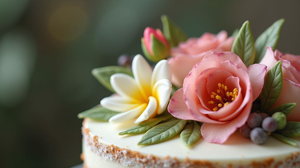 Close-up view of a beautifully decorated custom cake with floral designs