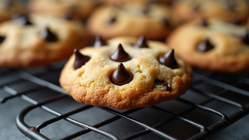 Close-up view of a freshly baked chocolate chip cookie on a cooling rack