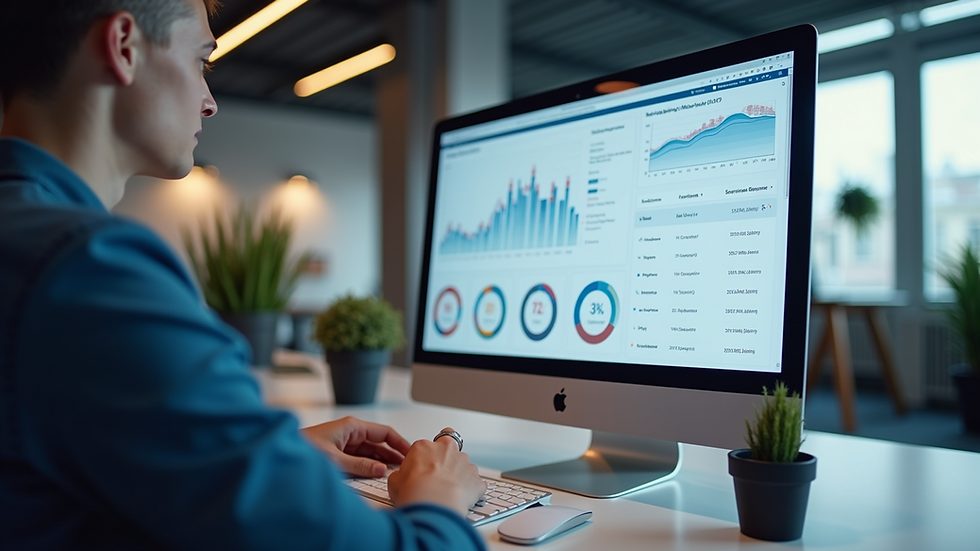 Eye-level view of a modern office with a digital marketing dashboard on screen