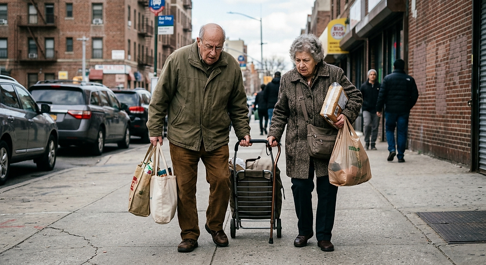 Seniors struggling with heavy groceries and errands in a Chicago area suburb.