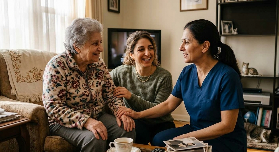 Smiling senior and a family member with a Home Care For All caregiver providing free Alzheimer's and Dementia care in Chicago.