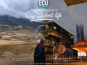 An international student standing between the misty mountain hometown and ECU City Campus, glowing in the Perth CBD at night.