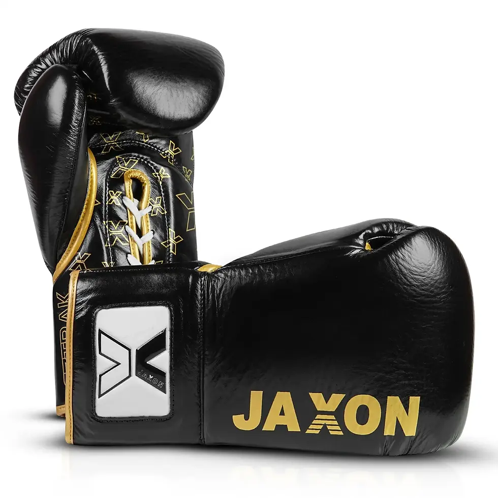 JAXON black professional lace-up boxing gloves with premium leather construction and reinforced padding for boxing training