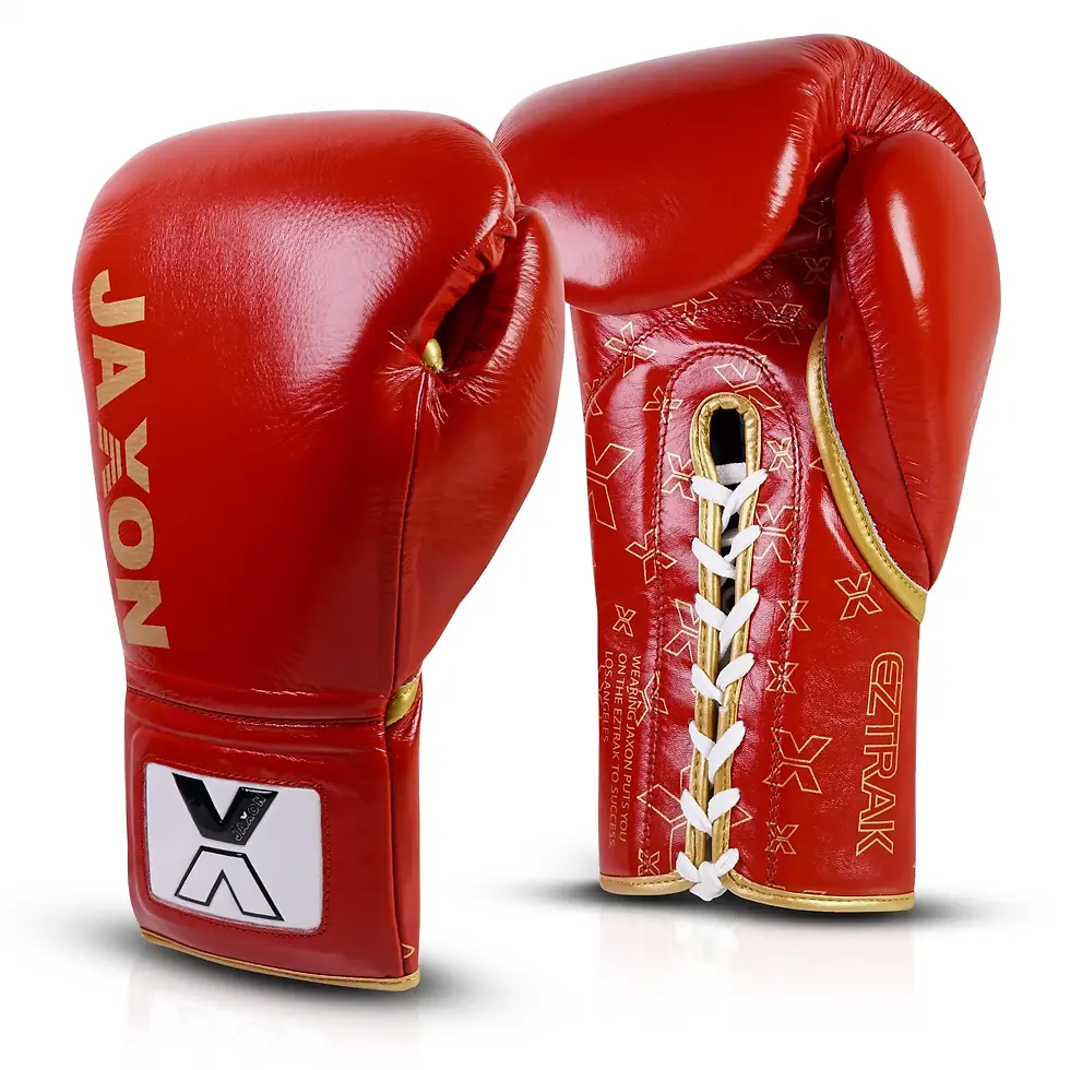 Pair of JAXON lace-up boxing gloves featuring secure wrist support, premium padding, and durable leather for professional box