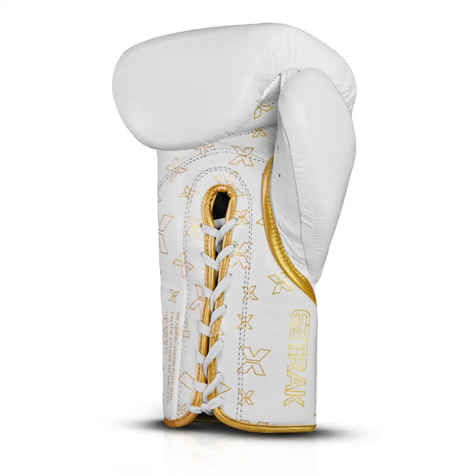 White boxing gloves with lace-up wrist support, professional boxing equipment for training, sparring gloves and boxing hand