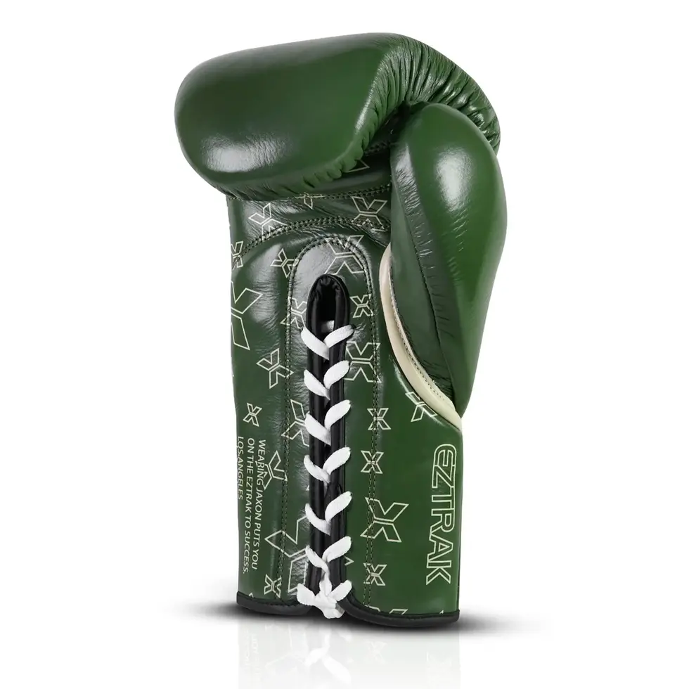 Side profile of JAXON lace-up boxing glove showing professional lacing system, wrist stabilization, and premium craftsmanship