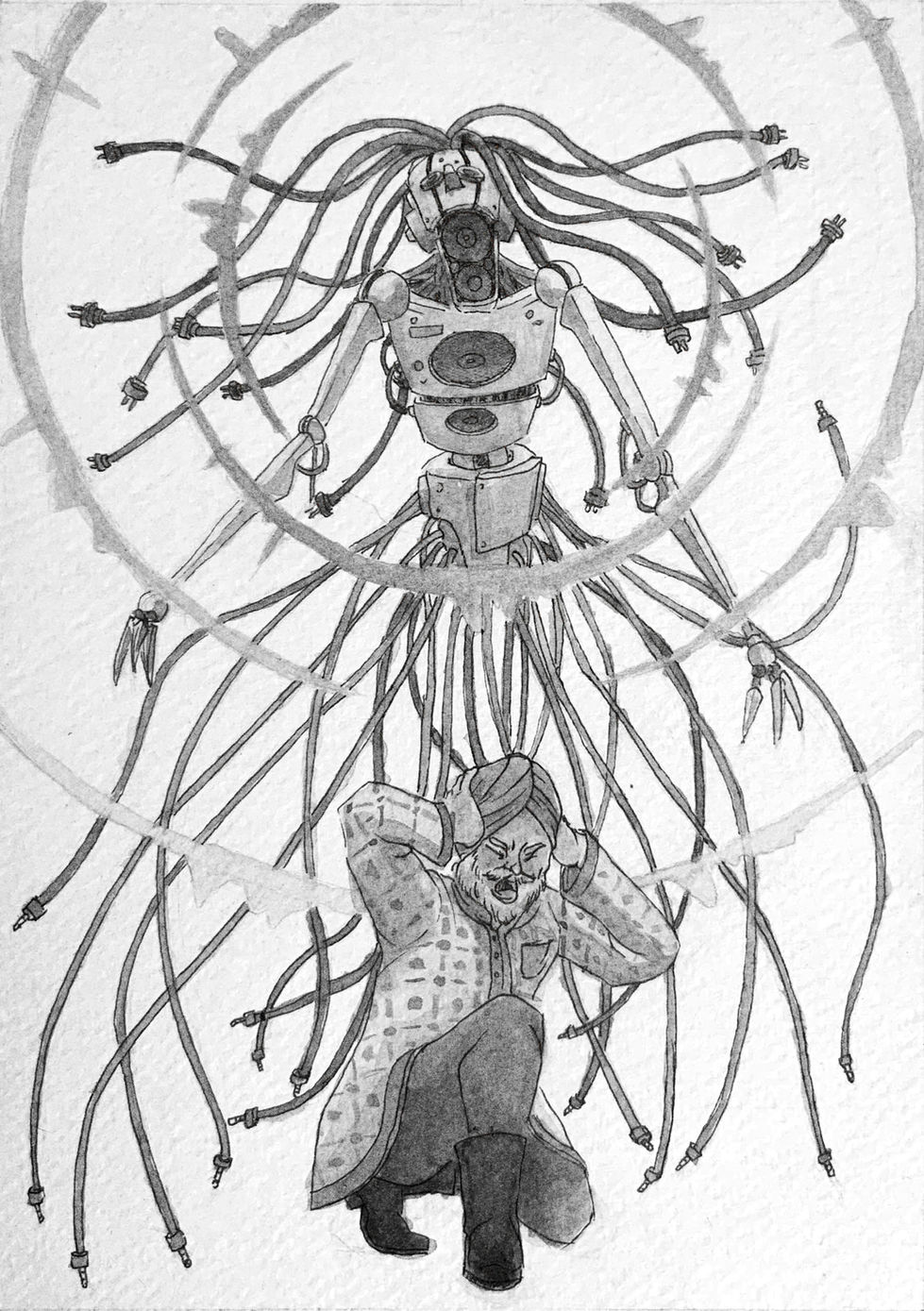 A man kneels down, covering his bleeding ears as he is berated by the sound waves emminating from the Technobanshee. It floats behind him, speakers where it's mouth should be, blasting sounds that could rend stone from mortar, and flesh from bone.