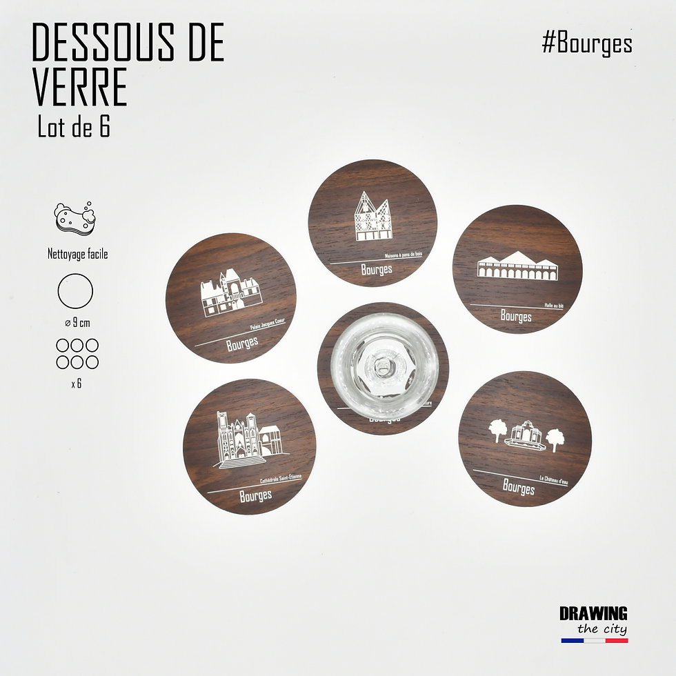Miniature : Bourges - Lot de 6 dessous de verre - Noix/Blanc