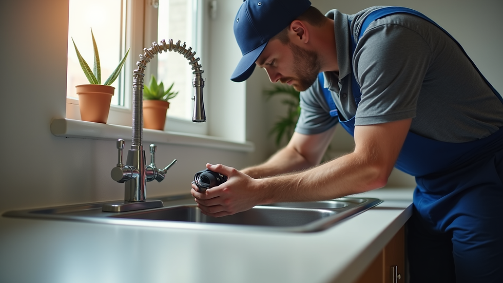Eye-level view of a plumber fixing a kitchen sink in a residential home