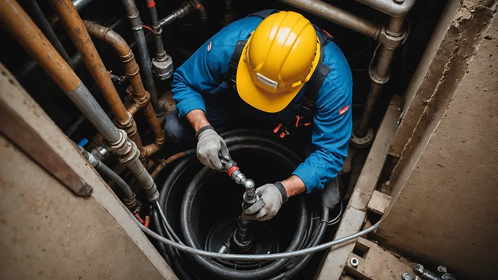 High angle view of a plumber repairing a burst pipe