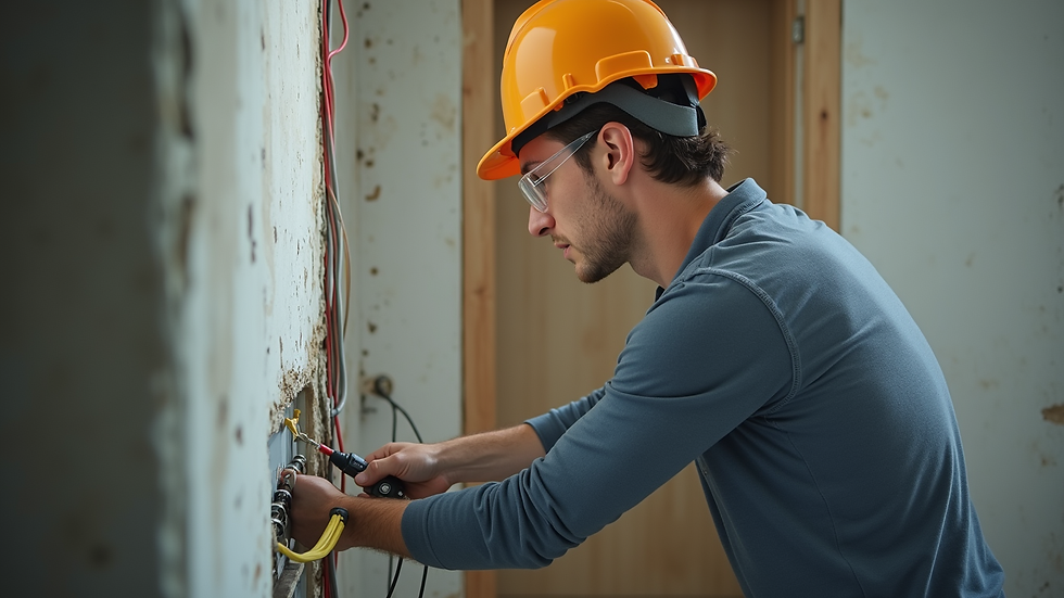 Eye-level view of an electrician rewiring electrical cables inside a residential wall