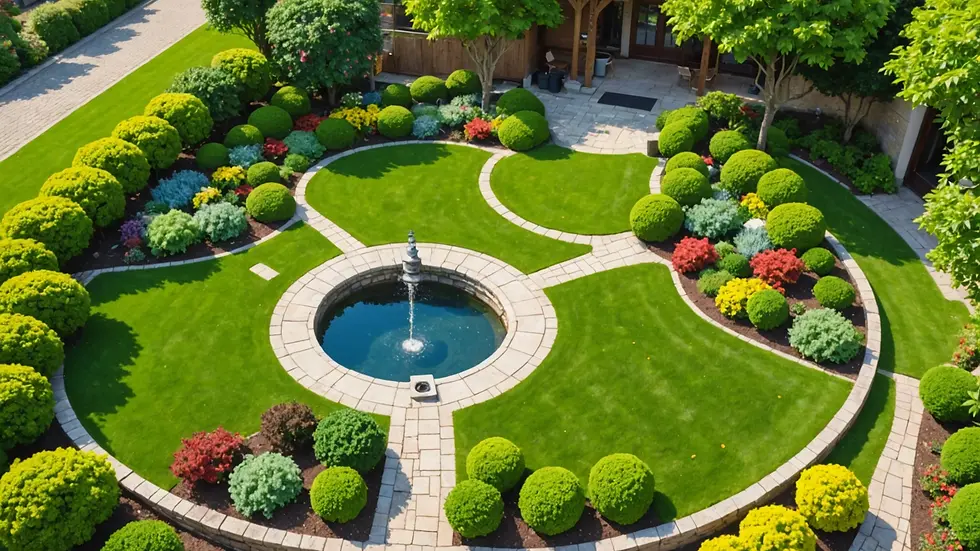 High-angle view of a beautifully landscaped garden with well-maintained underground plumbing access points