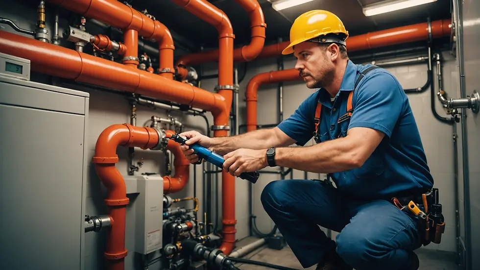Worker in a blue uniform and yellow hard hat adjusts an orange pipe with a tool in an industrial setting, focused expression, gray walls.
